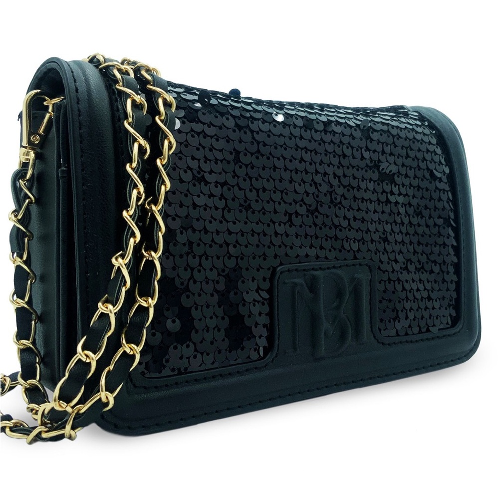 Badgley Mischka Sequins Cover Crossbody w/Logo Debossed Black/Black NEW